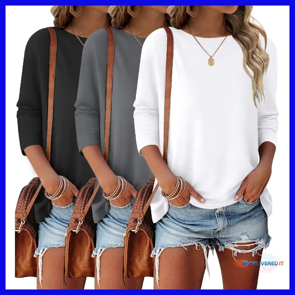 3 Pack 3/4 Sleeve Tops Women's Loose Fit Casual Tees Polyester Rayon